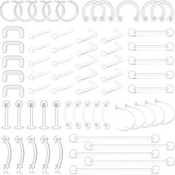 65pcs Mix Style Clear Piercing Retainer Flexible Lip Ear Nose Septum Eyebrow Nipple Tongue Rings Cartilage Tragus Earrings Retainer Bioflex Horseshoe Hoop Industrial Barbell-image-29