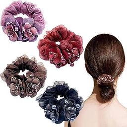 ADORNISH Rhinestone Hair Scrunchies, 4 PCs, Assorted Colours Lace Elastic Hair Bands, Ponytail Holders-44