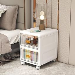 Kuber Industries 2-Layer Small Plastic Cabinet For Storage with 360 degree Wheels -Bed Side Storage Organiser & Chest Of Drawers - White-95