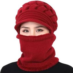 Sikander®-New Winter Balaclava Beanies Mother Hat Women Warm Thick Skellies Riding Outdoor Beanie Cap Mask Scarf Cap Set Mehroon Colour-image-37