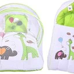 Toddylon Baby Bedding Set New Born Baby Bed | Sleeping Bag | Mattress | Mosquito Net | Insect Protector | Portable Bassinet | Infants Carry Bed (0-6 Months) Green (2PCS Set)-picture-0