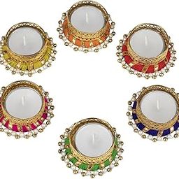 Set of 6 Metal Brass Diyas Decorated with Bangle and Beads for Diwali - Tealight Candle Holder for diwali with 6 tealights-image-20