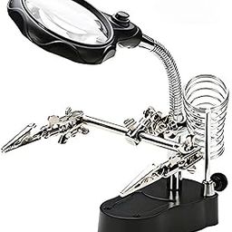 DKP Medicams 5in1 Helping Hand Magnifier Tool 3.5X & 12X with Soldering Iron Stand Adjustable Alligator Clip Clamps LED Magnifying Glass Len Workstation Light Battery Powered-0