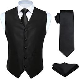 3pc Men's Solid Color Woven Dress Waistcoat & Necktie and Pocket Square Vest Suit Tuxedo Set Black-image-68