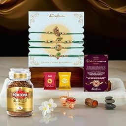 eCraftIndia Rakhi Gift Hamper | Set of 4 Radha Krishna Peacock Flute Feather Designer Rakhi for Brother | Moccona Classic Medium Roast Instant Coffee | Raksha Bandhan Greeting Card | Roli Chawal Pack-image-73