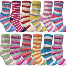 Fuzzy Striped Socks for Women, Set of 4, Lilac, Light Blue, Peach and Mint-image-93