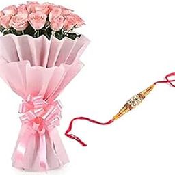 Floral Fantasy® Original Real Fresh Flower Bouquet For Rakhi Gift (Bunch Of 15 Pink Roses with one Rakhi)-image-92
