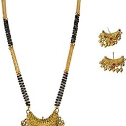 Gold Plated Black Beads Golden Chain Neha Sar Mangalsutra and Golden Pendant 1 Gram long Stylish for Women and Girl-image-13