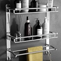 GRIVAN Multipurpose Stainless Steel Double Layer Shelf with Towel Rod I Multipurpose Wall Mount Bath Shelf Organizer l Bathroom Shelf and Rack I Bathroom Accessories - Chrome Finish, Silver-image-25