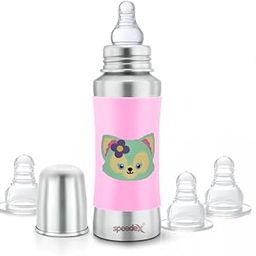 Speedex Stainless Steel Baby Feeding Bottle with Internal ML Marking, Foxy Printed Silicon Grip (240 ml, Pink Color, Silver Metal Mirror Finish) (3 Extra Nipple Free)-image-89