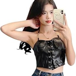 Faux Leather Top with Lace-Up Detail, Sweetheart Neckline for Women-image-46