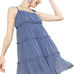 Women and Girls Polyester Regular Fit and Flare Round Neck Solid Print Knee Sleeveless Electric Blue Casual Dress-picture-2
