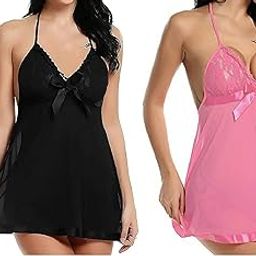 BBP-009 Baby Doll Nightwear Robe/Kimono Lingerie/Negligee/Sleep Dress & Bra Panty Hot Sexy for Honeymoon/First Night/Anniversary for Women/Ladies/Girls (Free Size) Black Pink-image-97