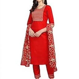 Women Cotton Slub Straight Kurta Set With Pant and Net Embroidery Dupatta-image-59