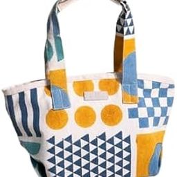 Zentangles Beach Cotton Canvas Bag Small Blue Yellow | Hand Block Printed | Metal Trims | Single Piece (S006)-27
