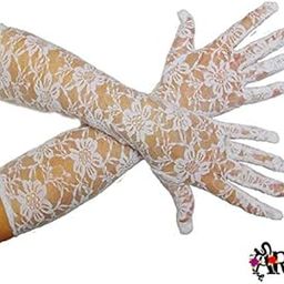 Synthetic Long Ruffled Stretch Gloves, White-image-54