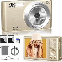 Digital Camera FHD 4K Camera 44MP with 64GB SD Card 16X Digital Zoom 1080P Cheap Cameras Compact Cameras for Student Teen Girl Boy Seniors (Gold)-12