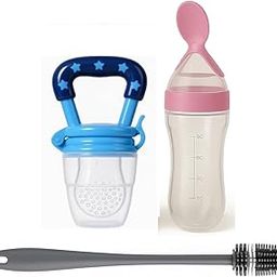 Joy Buzz Baby Food Dispensing Spoon Feeder Bottle 90ml and Fruit Feeder/Nibbler/Pacifier with Cleaning Brush Pack of 3 (Pink-BLU)-image-74