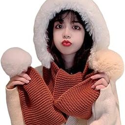 Women Winter Hat Scarf for Girls Cute Fur Woolen Warm Hooded Bear Design Beanie Cap-image-95