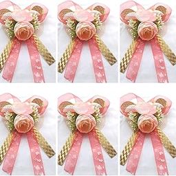 Decorative Artificial Rose Flower Bow with Pink Ribbons and Gold Accents, Wedding Gift Hamper Decoration, Pack of 6-image-9
