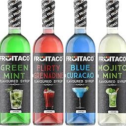 Fruitaco Blue Curacao, Grenadine, Green Mint & Mojito Mint 250ml each - Mocktail Syrup, Cocktail Mix, Cocktail Syrup Mojito Syrup - Perfect for Mocktails & Cocktails, Mint Syrup Flavor Pack of 4 1000ml-24