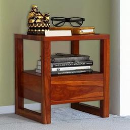ADOUER WOOD Sheesham Wood Bedside Table with One Drawer and Shelf Storage for Living Room Wooden End Table (Honey)-image-4