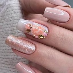 Emqueen Beige Glitter Flower Design Press-On False Nails | 24-Piece Reusable Stick-On Fake Nails Set | Easy Glue-On Application | Long-Lasting Shine | Artificial Nail Extensions for Women & Girls-52