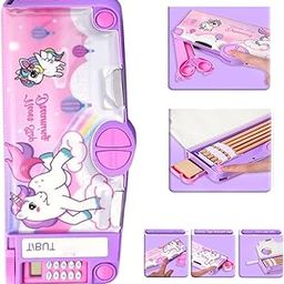Umadiya® Unicorn Magnetic Multifunctional Pencil Box with Calculator, Cute Cartoon Compass for Girls, Buttons Operated Geometry Pencil Box Kids Include Calculator-Scissor-Ruler-Eraser-Sharpener-7