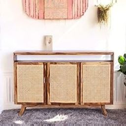 TGF Furniture Store Wooden Sideboard Cabinet with Cane Doors – Rustic Sheesham Wood Storage Console with 3 Compartments – Boho Accent Cabinet for Living Room or Dining Area-image-65