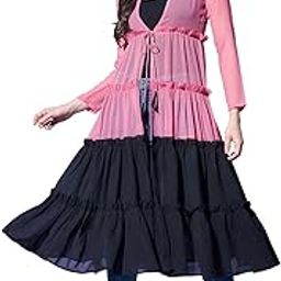 Women’s Colorblock Tiered Long Shrug with Tie-Front | Sheer Pink & Black Mesh Layer with Full Sleeves-picture-28