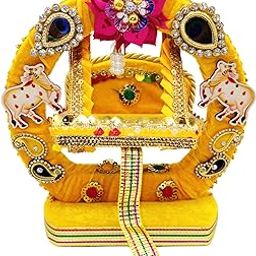Handmade Laddu Gopal Jhula Decorative Krishna Swing with Velvet Finish & Cow Design | Janmashtami Special Kanha Jhula for Home Temple Yellow Palki Swing for Baby Krishna-image-36