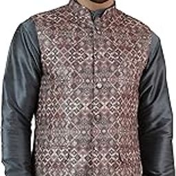 Men's Digital Print Cotton Silk Brown Modi Nehru Jacket-image-1