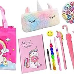 Krisus 12pcs Unicorn Stationery Set with Carry Bag for Girls – A6 Diary, Fur Pouch, Pens, Pencils, Erasers, Paper Soap, Rubber Bands & Hairclips – Perfect Birthday & Rakhi Gift in Cute Unicorn Theme-image-48
