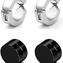 De-Ultimate (2 Pair) CMB7340 Trendy Silver And Black Round Shaped Press Non-Piercing And (8mm Medium Size) Magnetic Style Clip On Metal Barbell Earring Hoop Bali Stud For Men And Women-image-6