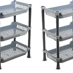 Kuber Industries Pack of 2 Plastic 3 Layer Multi-Purpose Kitchen Storage Basket Rack|Vegetable Basket For Kitchen (Grey, Tiered Shelf)-9