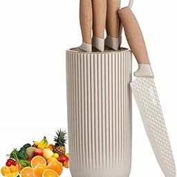 Quakzapp Set, 6-Piece Khaki Kitchen Knife Set for Home, Anti-Rust Non-Stick Stainless Steel Sharp Chef Knife Sets with Universal Knife Block for Kitchen, Ergonomical Design (Khaki)-image-2