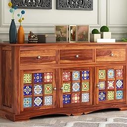 MAYOOR ART Solid Sheesham Wood Tile Sideboard Cabinet with 3 Storage and 3 Drawers Storage for Living Room | Free Standing Movable Tv Unit Side Board Table | (Honey Finish)-image-29