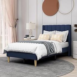 CRIGE Oken Modern Upholstered Low Height Platform Bed Without Storage with Wingback Headboard | Wooden Single Bed Cot Palang for Bedroom Living Room (Blue)-image-91