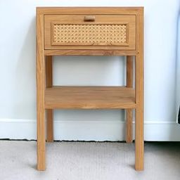 Wooden Bedside Table with Cane Pattern Drawer – Natural Teak Finish-image-80