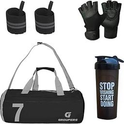 Combo Set of Duffle Polyester Bag with Shaker Bottle-700ml, Gloves & Wrist Band (BLK-SWSD-GLVS-WB-07)-picture-20
