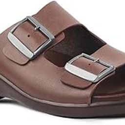 Leather Dual Buckle Slide Sandals with Arch Support Midsole For Men's-image-54