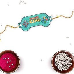 Gamer Bhai Rakhi for Brother/Bhai/Bhaiya| Set of 1 pc with Roli/Kumkum- Chawal| Kids, Boys Designer, Fancy, Fun, Movie Wooden Rakhi Set| with Raksha Bandhan Greetings-image-91