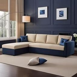 FURNY Arno 5 Seater Fabric LHS L Shape Sofa Set (Cream-Blue)-image-68
