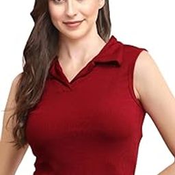 Women's Sleeveless Ribbed Knit Polo Top, V-Neck Collared Design, Available in Brown, Black, Red and Lavender Colors, Slim Fit Super Soft Top for Girls-2