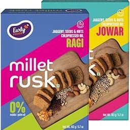 Early Foods Assorted Pack of 2: ZERO MAIDA Ragi & Jowar Rusk | Sugar Free Millet Rusk with Jaggery | No Maida Whole Wheat Rusks | Kids Snack | Tea Toast | Millet & Atta Toast163g x 2-image-78