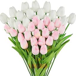 LOGRO Pack of 10piece Artificial Tulip Flowers, 10 Stick Mixed White and Baby Pink, Realistic Faux Floral Bouquet with Green Leaves(Pink 5 White 5)-22