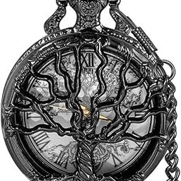 Pocket Watch Hollow Tree Design Roman Numerals Quartz with Chain Birthday Gifts-image-36