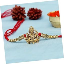eCraftIndia Golden Religious Designer Ganesha Rakhi with Red Thread, and Roli Chawal Pack - Rakhi for Brother-image-9