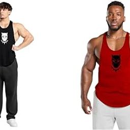 Gym Vest Workout Tank Top Set, 2 Pack, Men's Fitness Muscle Shirts Multicolour S M L XL XXL XXXL blackredRED27July001-image-88