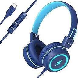 Bywulanda Kids Headphones with LED Lights for School, Upgrade USB Type C Kid Headphone with Microphone, Volume Limiter 85/94dB, Wired On Ear Headphones for Boys/Girls/Tablet/Travel -Blue-image-59